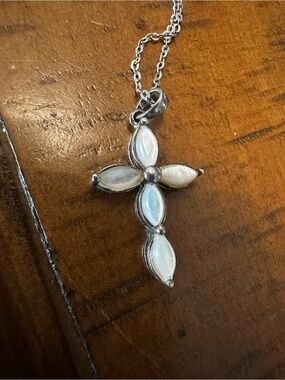 Vintage Sterling Silver Cross Necklace with White Mother-of-Pearl